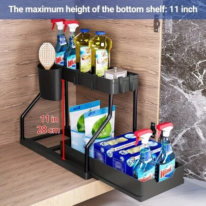 Pull-Out Under Sink Storage Rack, Double-Layer Sliding Organizer Shelf, Multipurpose Storage Rack For Kitchen And Bathroom Under Sink