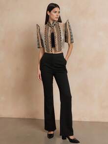 一件现代菲律宾风格女式衬衫，半透明拼接立领设计，优雅泡泡袖上衣，纽扣衬衫，春夏款，蝴蝶袖菲律宾风格，女士菲律宾短款上衣，金色上衣 - 金色 - 查看 3