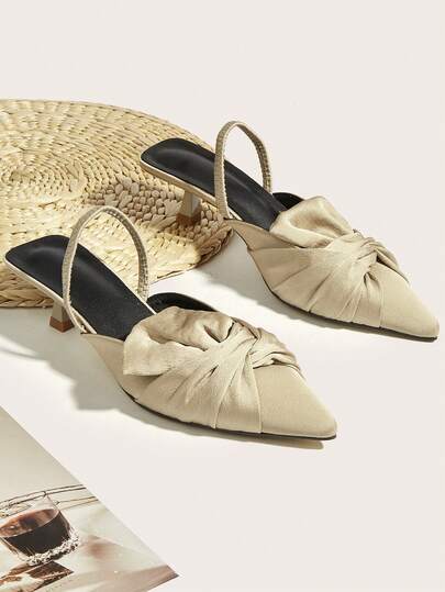 Women's High Heel Shoes, New Spring/Summer Pointed Toe Sandals, Pleated Design, Kitten Heel, Thin Strap Mule Slingback Shoes, Suitable For Party, Commute, Casual Wear, Comfortable Low Heel