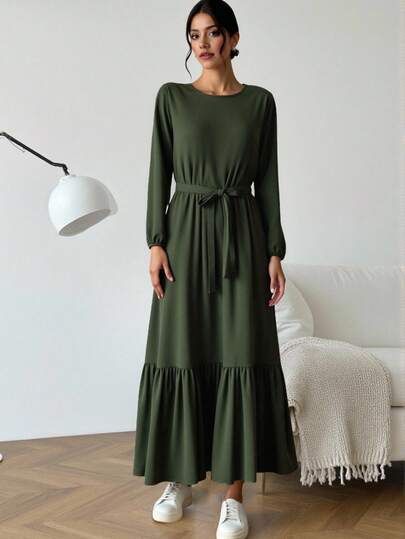 Women's Solid Color Ruffle Hem, Tie Waist, Modest Round Neck Long Sleeve Ruffle Maxi Dress