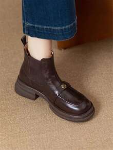 Fall/Winter Women's Round Toe Slip-On Ankle Boots, Rose Button Decor, Black & Dark Brown Color Options, Comfortable Wear - Dark Brown - View 2