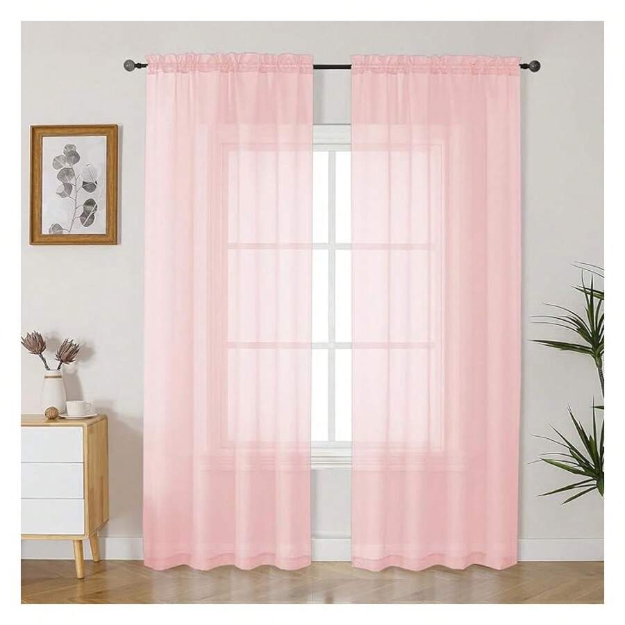 Pink Sheer Curtains 90 Inches Long 2 Panels Set, Light FilteringFilmy Drapes For Living Room Bedroom, Elegant Soft Rod Pocket Voile Sheer Window Curtains, 42Wx90L Inch, 2PCS - Multicolor 122 - View 1