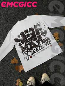 EMCGICC Y2k Long Sleeve Shirt, Urban Art Punk Graphic T-Shirt Cotton 250g, Preppy Lettering Fashion Hip Hop Men's Long Sleeve T-Shirt, Fun Vintage Shirt, Regular Fit, Wild Bloom Street Style, Digital Print, Ideal Gift - 白色 - 查看 3