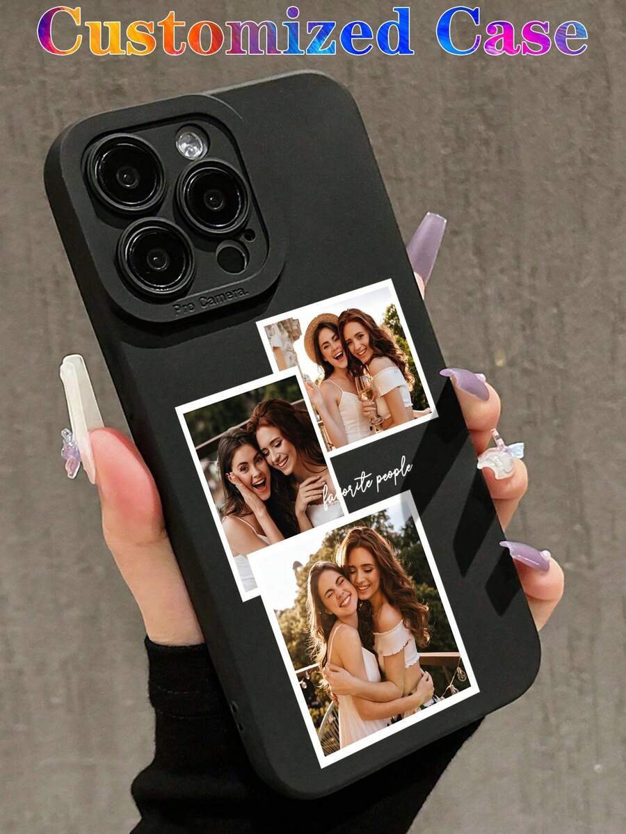 Personalized Letter Text 3-Photo Collage Phone Case With Cardholder, Customizable Multi-Color Frame Compatible With 11, 12, 13, 14, 15, 16 Pro Max, S22, S23, S24 Ultra, A14, A15, A55, Birthday Anniversary Graduation Gift, Shockproof Protective Case - Black - View 1