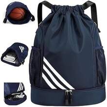 Mochila Deportiva con Cordón, Bolsas de Cuerdas para el Gimnasio, Mujer Hombre Mochila Cuerdas Impermeable Saco Gimnasia, con Compartimento de Zapatos y Bolsillo, para Yoga Natacion Fitness - Negro - Ver 2