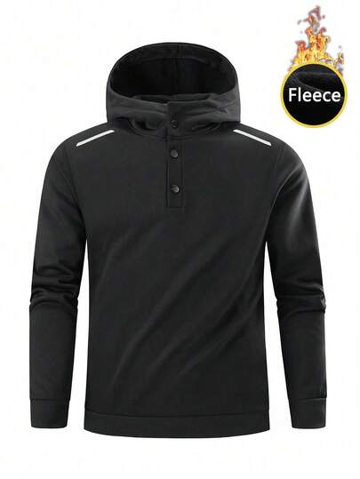 Men's Thermal Lined Hoodie - Winter Warm Pullover Sweatshirt With Button Neck And Drawstring Hood,Fleece