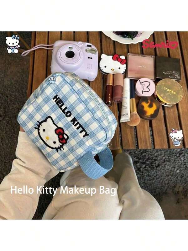 Sanrio Bolsa de maquillaje portátil de Hello Kitty, bolsa de almacenamiento de maquillaje de viaje de gran capacidad, de moda y versátil, portátil para el transporte, adecuada para viajes y almacenamiento en el hogar
