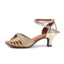 Women Gold Glitter Latin Dance Shoes, Mid-Heel With Ankle Strap And Rubber Sole, Suitable For Both Indoor And Outdoor Ballroom Salsa Dancing