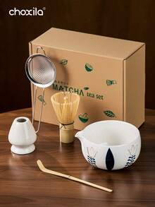 choxila 1/5pcs Matcha Traditional Starter Set, Matcha Whisk Set, Matcha Tea Making Kit Set, Includes Matcha Bowl (With Pouring Spout), Bamboo Matcha Whisk (Chasen), Scoop (Chashaku), Whisk Holder, Matcha Sifter, Gift Box