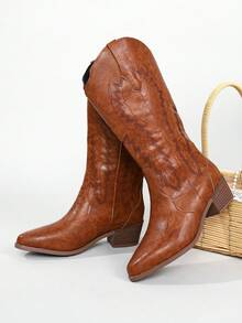 Brown Western Style Fashion Pointed Toe Butterfly Embroidery Chunky Heel Pull-On Mid-Calf Cowboy Boots For Women, Autumn/Winter - Brown - View 2