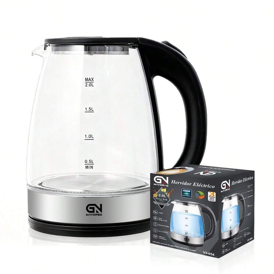 Hervidor eléctrico de vidrio con luz azul (borde de metal), hervidor de vidrio de 2L con LED azul, ebullición rápida, fácil de limpiar, ebullición anti-seco, - Negro - Ver 1