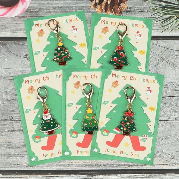 5 pezzi Set elegante di portachiavi ad albero di Natale, con biglietti di auguri "Buon Natale" e "Felice Anno Nuovo"; adatto come regalo per amici e colleghi, può essere utilizzato per feste di Natale e scambi di vacanze per aggiungere un'atmosfera festiva e calorosa.
