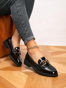 Mocasines de mujer, zapatos planos con hebilla de metal de punta redonda, zapatos planos retro para mujer para exteriores, zapatos negros, zapatos casuales - Negro - Ver 1