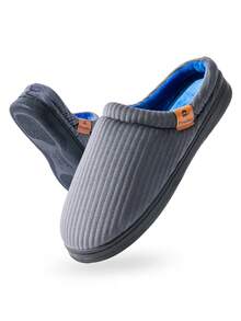 Pmoiste 男士灯芯绒条纹家居拖鞋，毛绒记忆棉，冬季室内保暖防滑家居拖鞋，2025 新款，男女通用，均码，灰色 - 灰色 - 查看 6