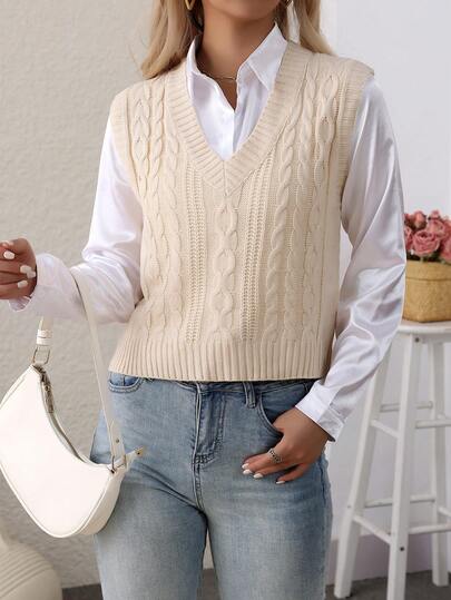 Women's Casual Solid Color Twist Rope Knitted Vest, Daily Wear V-Neck Sleeveless Pullover Sweater