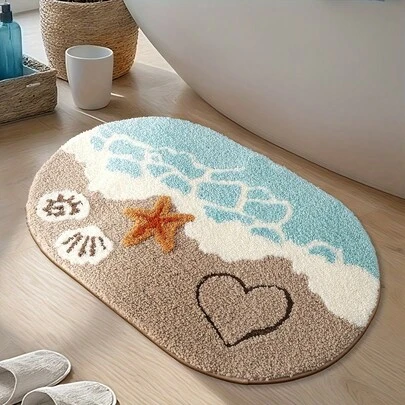 1pc Bathroom Mat - Ocean Themed Oval Floor Mat With Beach Starfish And Heart-Shaped Design, Non Slip Absorbent Bath Mat, Seasonal Home Decoration Gift, Christmas And Graduation Gift, Bathroom Carpet, Ocean Themed Decoration