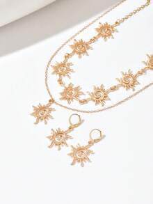 3pcs Fashion Elegant Sun Rhinestone Multi-Layer Chain Necklace Geometric Pendant Necklace + Women Earrings Jewelry Set, Suitable For Daily, Vacation, Casual, Date, Evening Party, Gift, Bride, Bridesmaid, Wedding
