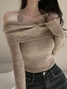Women's Solid Color Ribbed Ruffle Hem Casual Turtleneck Long Sleeve Sweater, Autumn/Winter - Camel - View 5