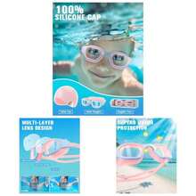 Swim Goggles With Silicone Swim Cap, Swimming Goggles Cap Set 6 - 14, Anti - Fog Anti - - 粉紅色/藍色+粉紅色帽子 - 查看 1