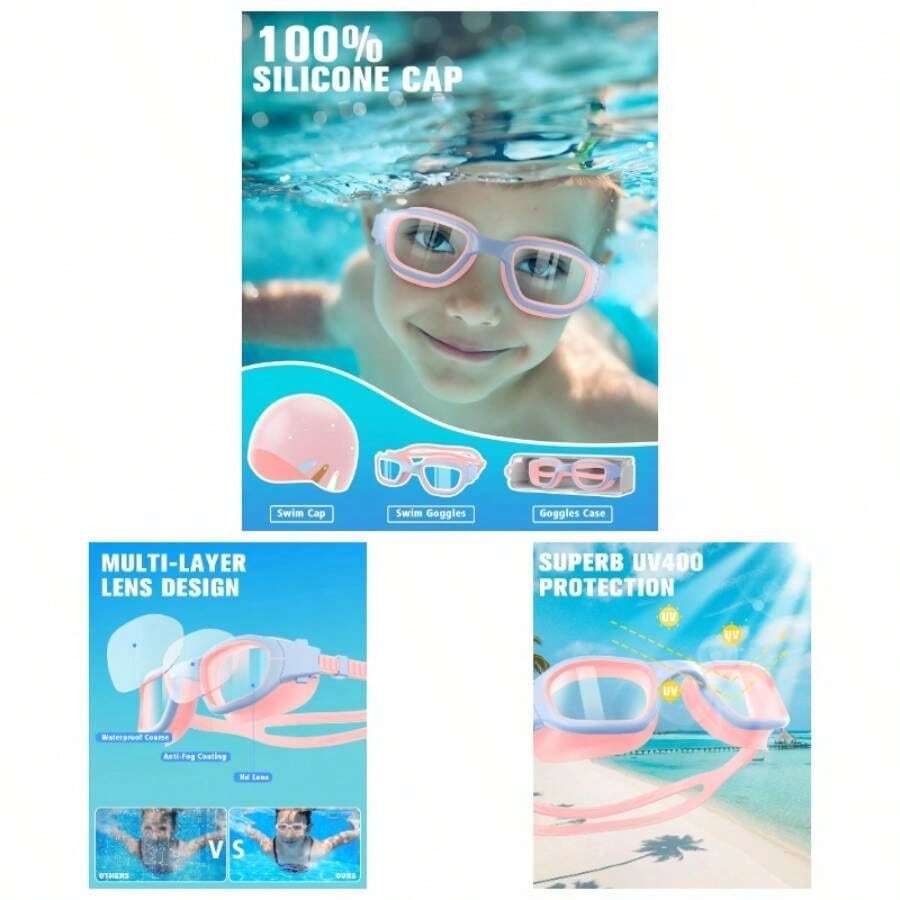 Swim Goggles With Silicone Swim Cap, Swimming Goggles Cap Set 6 - 14, Anti - Fog Anti - - 粉紅色/藍色+粉紅色帽子 - 查看 1