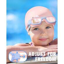 Swim Goggles With Silicone Swim Cap, Swimming Goggles Cap Set 6 - 14, Anti - Fog Anti - - 粉紅色/藍色+粉紅色帽子 - 查看 7