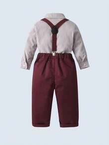 BOARNSEORL 2pcs Young Boys Gentleman Set: Long Sleeve Shirt With Bow Tie And Suspender Pants, Suitable For Birthday Party, New Year's Eve, Christmas Party, Wedding, Baby Shower, Birthday Celebration - Red - View 5