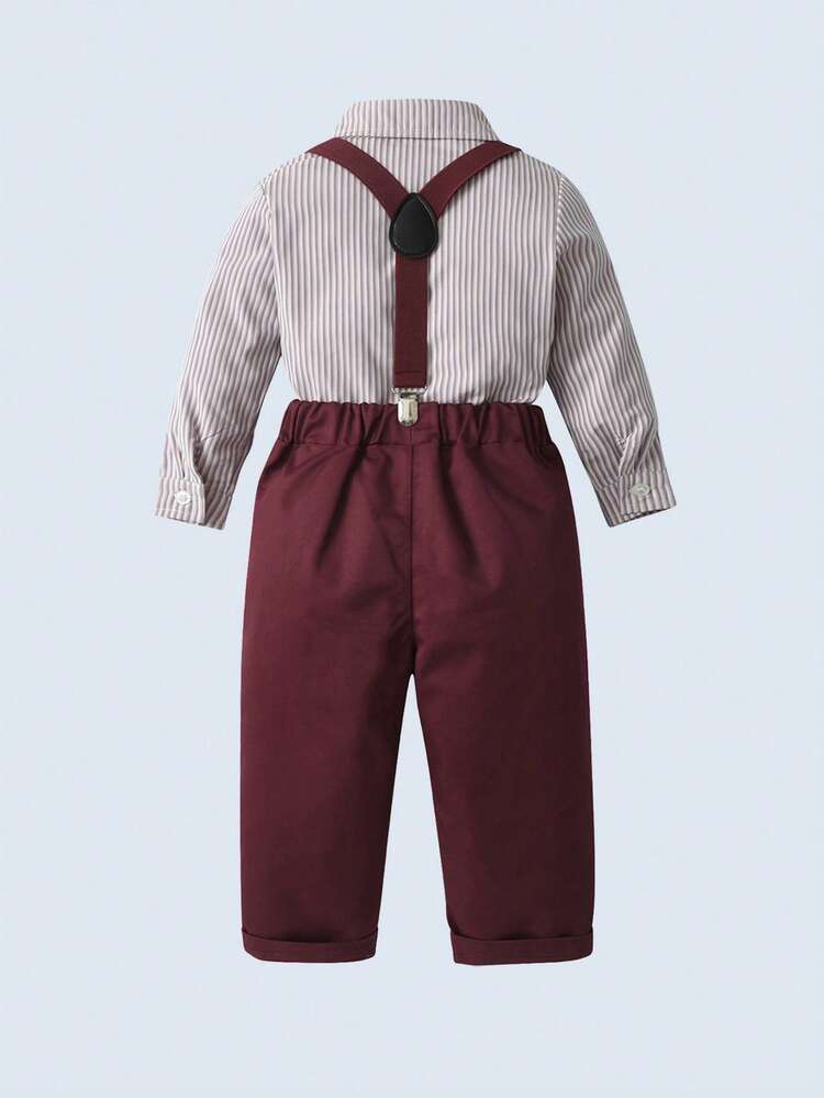 BOARNSEORL 2 件套年轻男孩绅士套装：长袖衬衫配领结和吊带裤，适合生日派对、除夕夜、圣诞派对、婚礼、迎婴派对、生日庆祝 - 紅色 - 查看 5