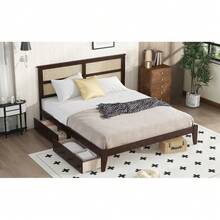 King Size Bed With Rattan Headboard In Espresso, Rubber Wood Platform Bed With 2 Storage Drawers, Enhanced Support Slats & Reinforced Feet (Mattress Not Included) - Espresso + Gỗ cao su + King - Xem 7
