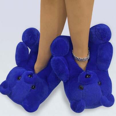 2025 Autumn/Winter New Cartoon Slippers, Halloween & Christmas Gift For Women, Cute Plush Warm Comfortable Lightweight Non-Slip Thick Sole Indoor Party Couple Soft Bear Deep Blue House Warm Shoes