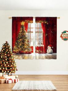 2 Stück Weihnachts-Themen Digital-Bedruckte Vorhänge - Fenster mit roten Vorhängen & einem funkelnden Weihnachtsbaum Innendesign, einfache Stangentasche-Installation, halbtransparenter Polyester - für Wohnzimmer/Küchen/Schlafzimmer/Esszimmer, verleiht Ihrem Zuhause Weihnachtsstimmung