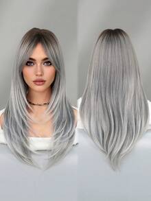 Gorgeous-24 Inch Layered Grey Wigs For Women, Long Straight Wigs With Curtain Bangs, High Density Fluffy Synthetic Heat Resistant Fiber Hair Wig For Anime Cosplay Wear, Music Festival Party Use - 漸變灰色 - 查看 6