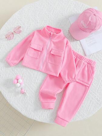 Baby Girls Wool Blend Turtleneck Zip-Up Pleated Pocket Jacket And Pocket Pants Set, Autumn/Winter