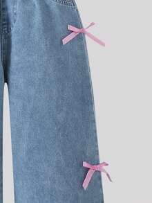 青少年女孩时尚休闲宽松直筒牛仔裤，侧边蝴蝶结 - 藍色 - 查看 5
