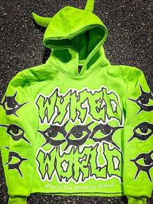 Y2K Harajuku Hoodie With Horn Hat - Funny Printed Casual Top For Men And Women - Sweaters, Menswear Graphic Hoodies Outfits Men Classic Black Hooded Sweatshirt Long Sleeve Womenswear Graphic Spring/Fall Fall/Winter Loose Halloween - 綠色 - 查看 3