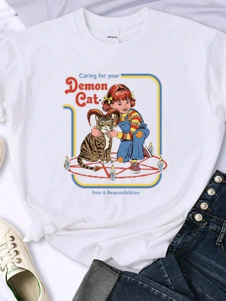 Caring For Your Demon Cat Womans Short Sleeve Personality Casual Tops Breathable All-Math T-Shirts Street Hip Hop Women Clothing - White 2 - View 1