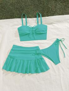 Bộ bikini 3 món dành cho nữ, màu trơn, gợi cảm, kiểu dáng thể thao năng động, gồm áo hai dây và quần bơi ngắn có dây rút, chân váy xếp ly viền bèo, chất liệu co giãn vừa phải, thích hợp cho kỳ nghỉ, bãi biển, các hoạt động bên hồ bơi, tiệc bãi biển, mùa hè. - Màu xanh Bạc hà - Xem 2