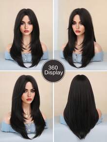 Elegant-24 Inch Layered Dark Brown Wigs For Women,Long Straight Wigs With Curtain Bangs, High Density Fluffy Synthetic Heat Resistant Fiber Hair Wig For Daily Party Wear, Music Festival Party Use - 黑棕色 - 查看 6