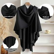 Capa Poncho para Mujer 130x150 cm - Capa Elegante de Punto Suave, Chal Bufanda Grande con Frente Cruzado para Otoño e Invierno - Oficina, Viaje, Hogar - Negro - Ver 5