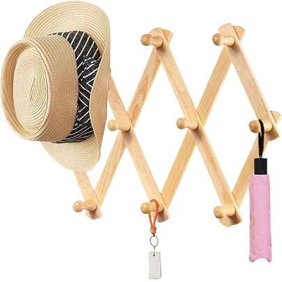 1个复古可伸缩木质壁挂式衣帽架，手风琴式挂钩，带10个挂钩，可挂毛巾、帽子、外套、包包、围巾 | 节省空间的浴室和玄关收纳架，乡村农舍秋季装饰 | 感恩节礼物、圣诞节礼物、新年礼物