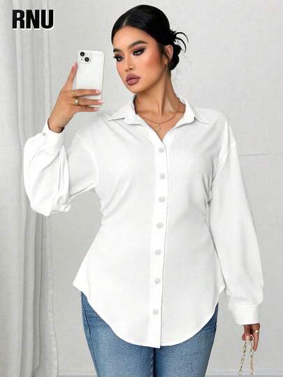 RNU Blusa de mujer talla grande de diseño elegante de unicolor con tejido de tela, mangas de hombro caído, diseño de botones y cintura fruncida, versátil para conciertos, salidas de moda, citas nocturnas, Navidad y Año Nuevo