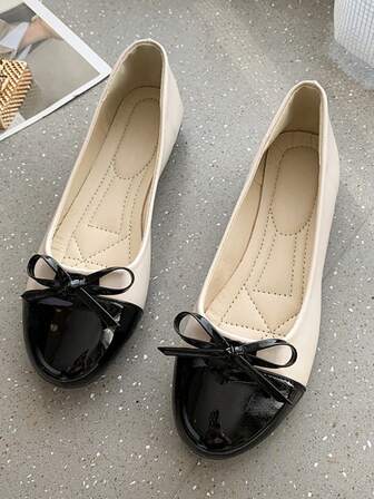 Plus Size Women's Round Toe Slip-On Flats With Bowknot , Black & White Patchwork, Comfortable Soft Bottom, Fashion Color Block Design, Suitable For Spring & Autumn