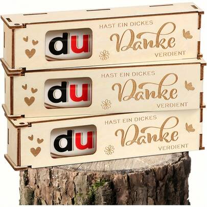 Hộp quà tặng sô cô la bằng gỗ 3 chiếc với thiết kế "Danke" (Cảm ơn), chạm khắc hình bướm và trái tim thanh lịch, gỗ nguyên khối cao cấp và sô cô la, thích hợp làm quà tặng cho mẹ, bố, đồng nghiệp, nhà giáo dục - Hộp quà tặng bằng gỗ tinh tế bền bỉ