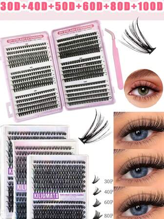 Mixed Volume DIY Eyelash Extensions Kit – 30D 40D 50D 60D 80D 100D Cluster Lashes, Easy To Apply, Natural & Dramatic Look, Soft Fluffy False Eyelashes In Case For Home & Salon Use
