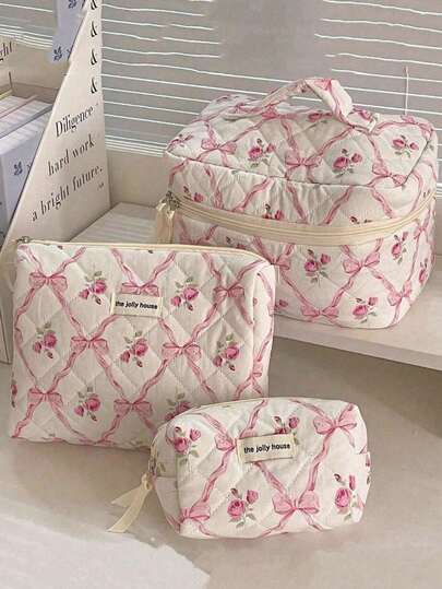 1/3pcs Pink Bow & Rose Design Cosmetic Bag, Fashion Portable Makeup Bag, Multi-Functional Storage Pouch For Lipstick, Sanitary Napkin, Coins, Keys, Large Capacity Cute Travel Toiletry Bag, Mother's Day Gift, Back To School Gift, Cosmetic Bag, Makeup Organizer, Makeup Storage Bag, Makeup Pouch, Valentine's Day Gift
