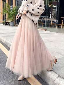 浪漫粉色喇叭下摆A字裙，法式宽松飘逸网眼裙，甜美2025春夏新品 - 杏桃粉 - 查看 1