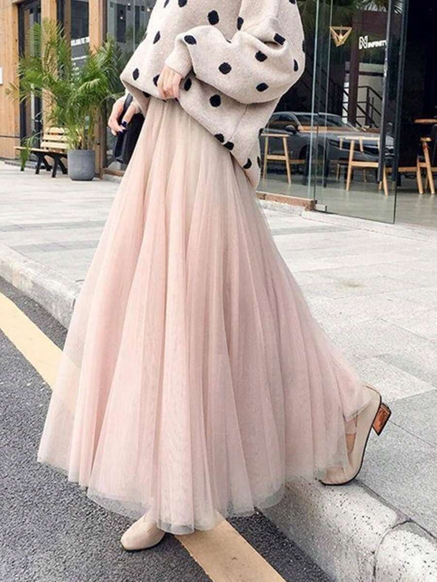 浪漫粉色喇叭下摆A字裙，法式宽松飘逸网眼裙，甜美2025春夏新品 - 杏桃粉 - 查看 1