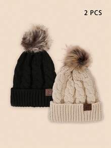 2pcs/Set Unisex Plush Ball Y2K Style Warm & Breathable Knitted Beanie Hats For Casual Wear Christmas Winter Fall - Black - View 9