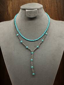 Collar en forma de lágrima de turquesa, set de 3 collares de estilo occidental/campestre con textura de perlas falsas, joyería de moda para mujer, collar bohemio vintage ajustable con cuentas para niñas - Turquesa - Ver 5