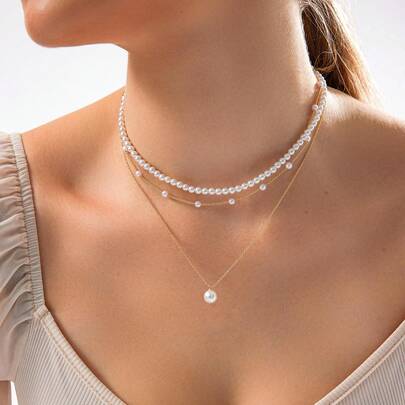 Set elegant de 3 colier cu perle artificiale pentru femei, bijuterii cu încuietoare reglabilă lucrată manual de 18K, stratificate în mai multe dimensiuni, cadou