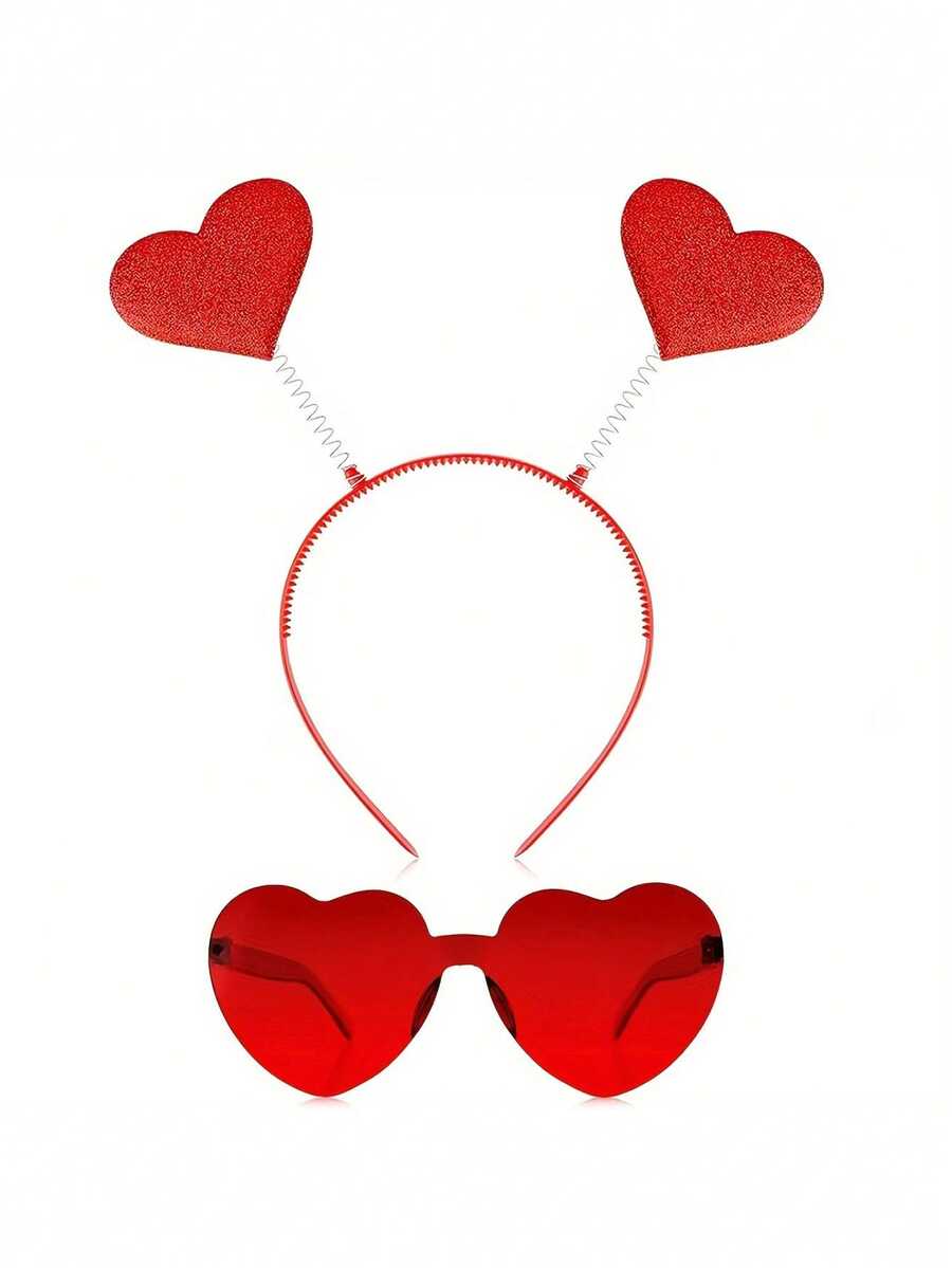 一套心形发箍和心形时尚眼镜，情人节、婚礼、生日、派对的服装配饰 - 均码 - 红色 - 彩色 - 查看 1